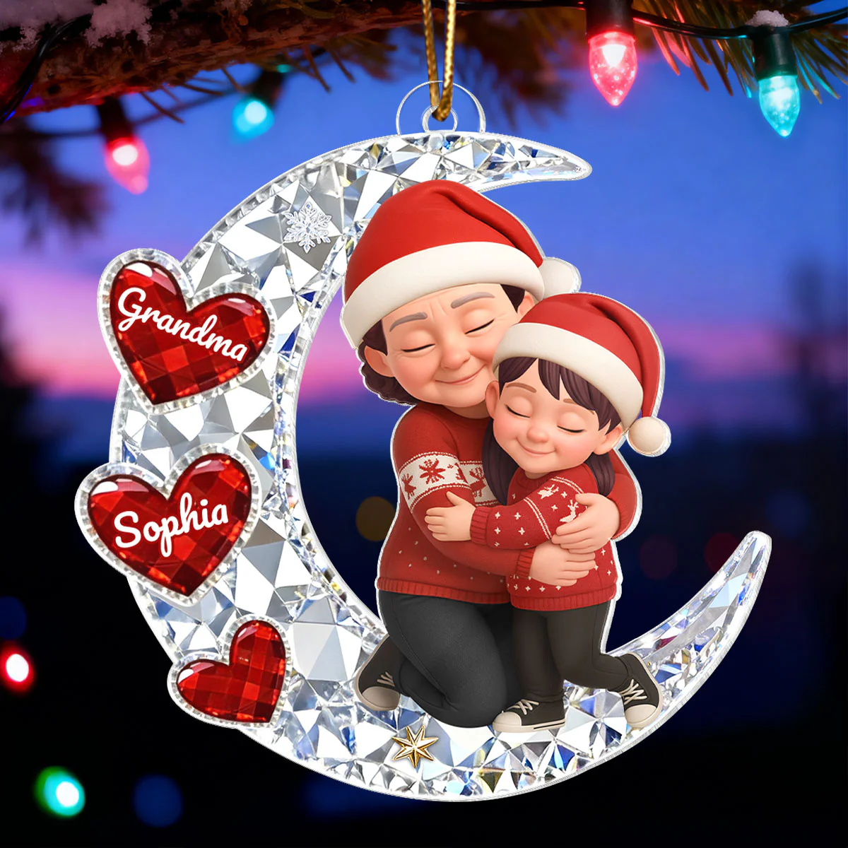 3D Crystal Effect Grandma Grandkid Hugging Moon Heart - Personalized Acrylic Ornament - Christmas Gift for Grandma, Grandkids - Image 5