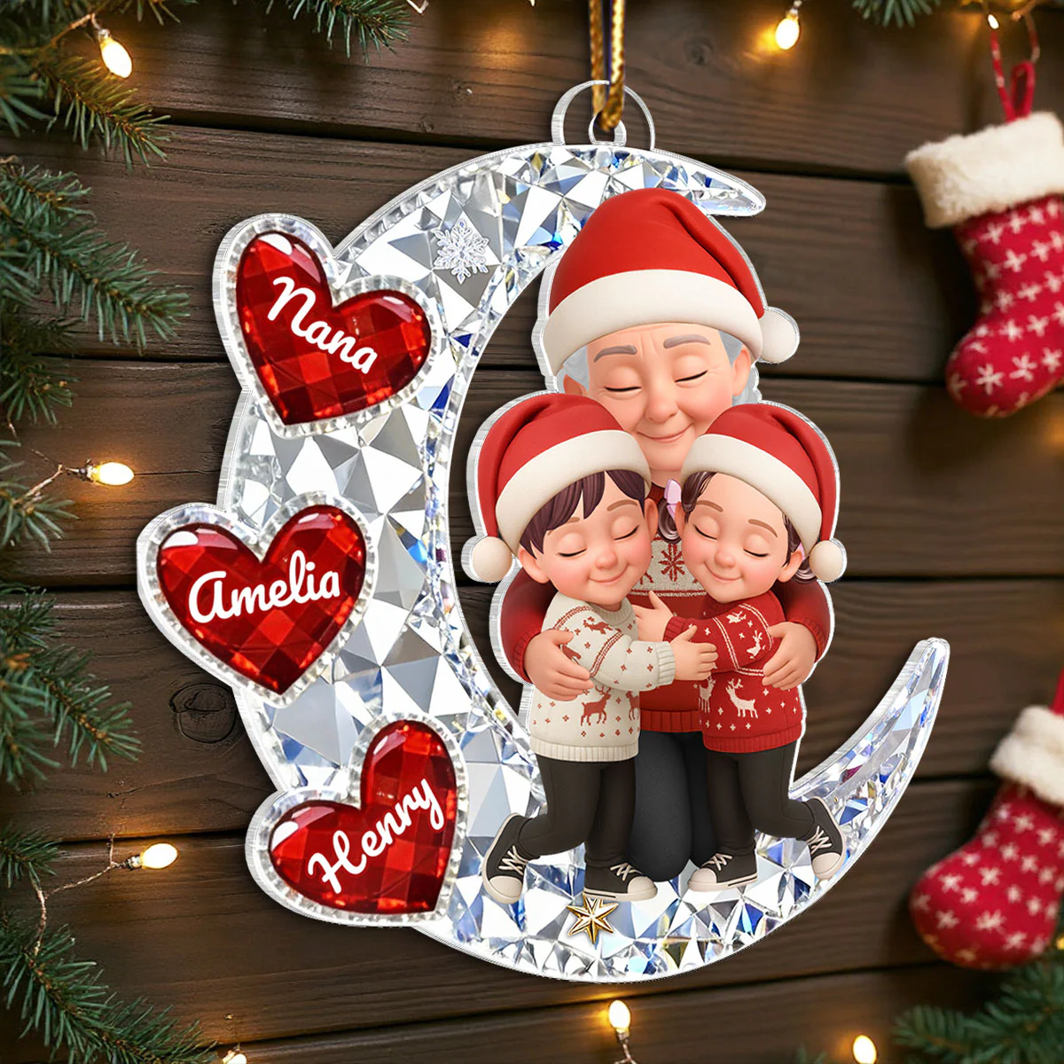 3D Crystal Effect Grandma Grandkid Hugging Moon Heart - Personalized Acrylic Ornament - Christmas Gift for Grandma, Grandkids - Image 6