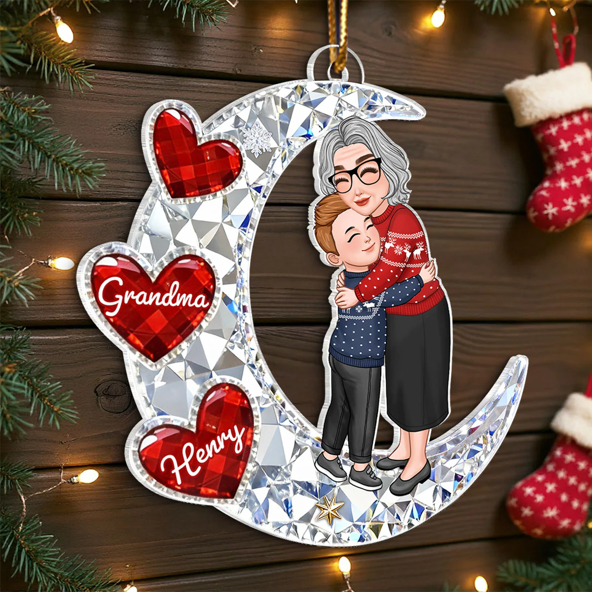 3D Crystal Effect Grandma Grandkid Hugging on Moon - Personalized Acrylic Ornament - Christmas Gift for Grandma, Grandkids - Image 7