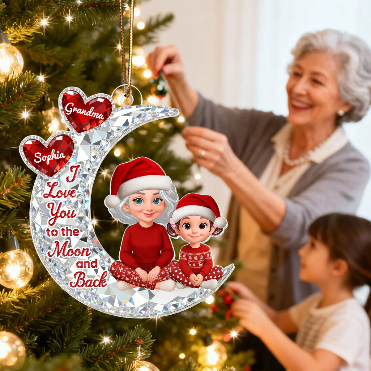 3D Effect Flat Grandma Grandkid On Moon - Personalized Acrylic Ornament - Gift For All Grandkids - Image 3