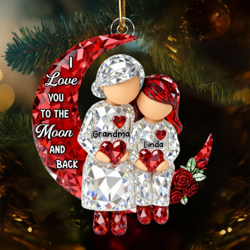 3D Crystal Effect Grandma Grandpa Grandkid Sitting on Moon - Personalized Acrylic Ornament - Christmas Gift for Grandma, Grandkids - Image 14