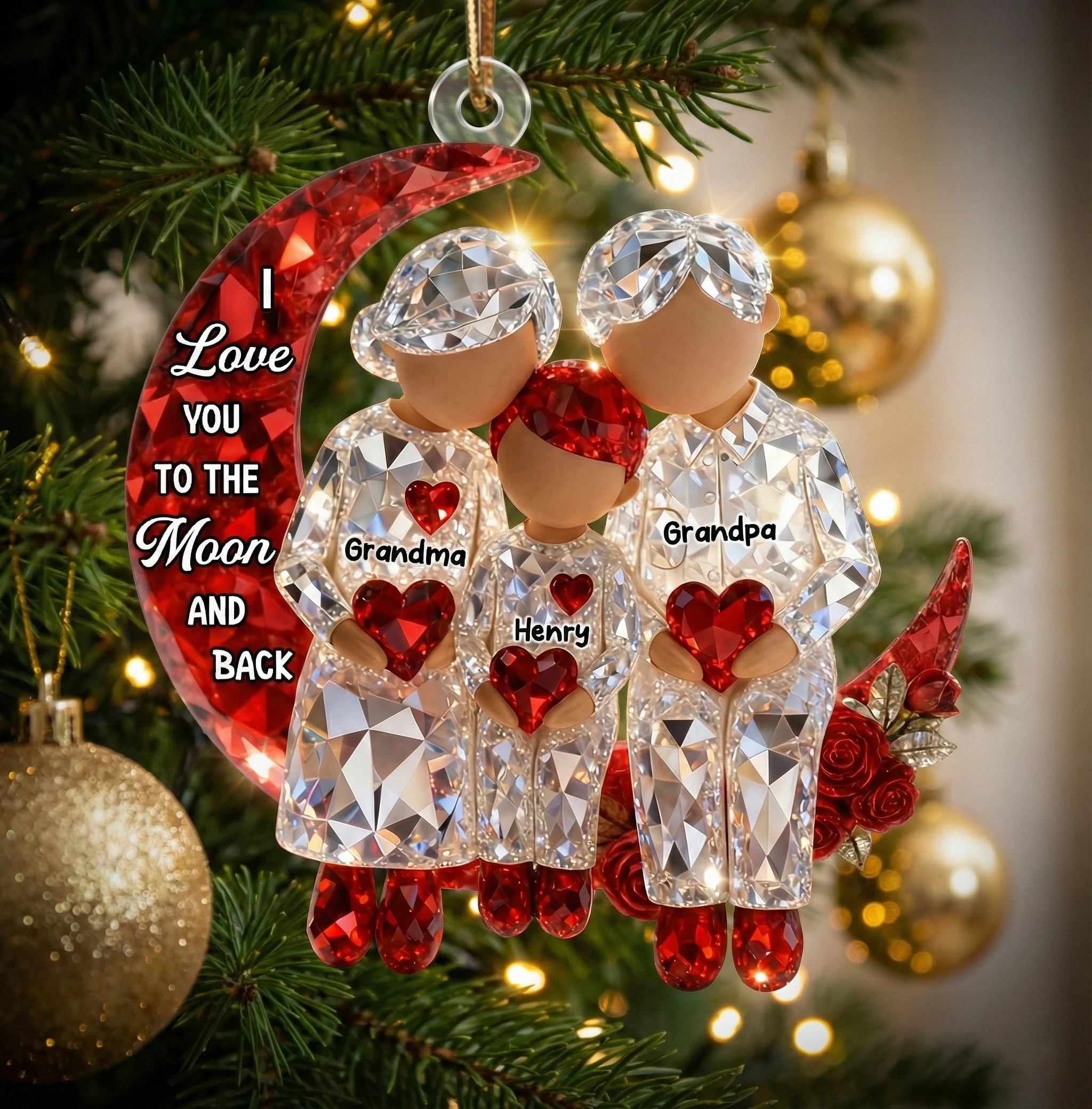 3D Crystal Effect Grandma Grandpa Grandkid Sitting on Moon - Personalized Acrylic Ornament - Christmas Gift for Grandma, Grandkids - Image 4