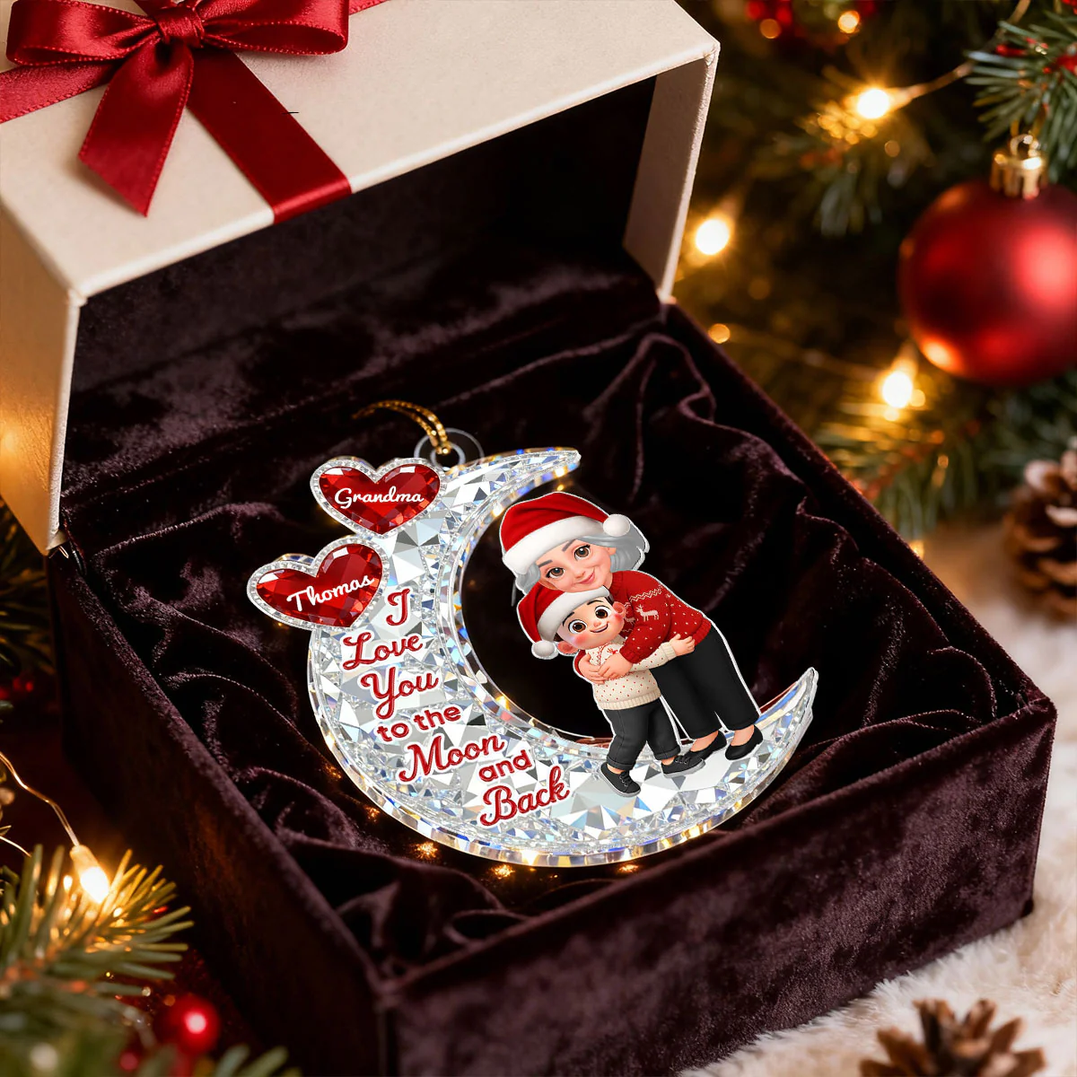 3D Effect Flat Grandma Hugging Grandkid On Moon - Personalized Acrylic Ornament - Gift For Grandma, Grandkids - Image 13