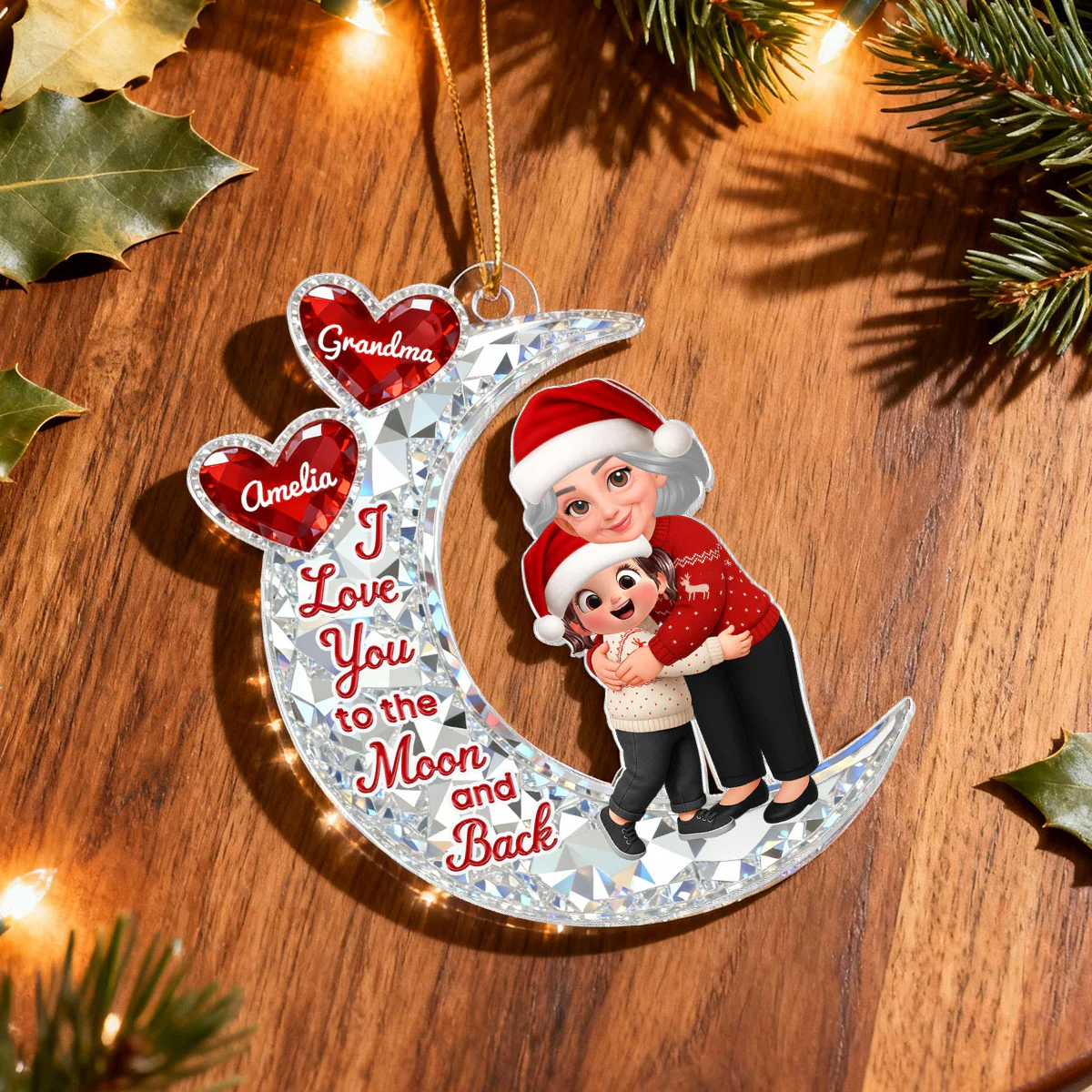 3D Effect Flat Grandma Hugging Grandkid On Moon - Personalized Acrylic Ornament - Gift For Grandma, Grandkids - Image 15