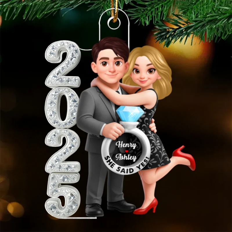 3D Crystal Effect Marriage Proposal Couple - Personalized Acrylic Ornament - Newly Engaged Gift, "She Said Yes!" Ornament - Image 10