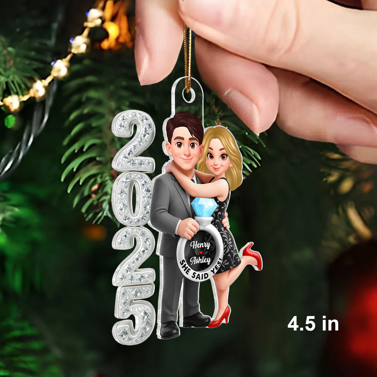 3D Crystal Effect Marriage Proposal Couple - Personalized Acrylic Ornament - Newly Engaged Gift, "She Said Yes!" Ornament - Image 2