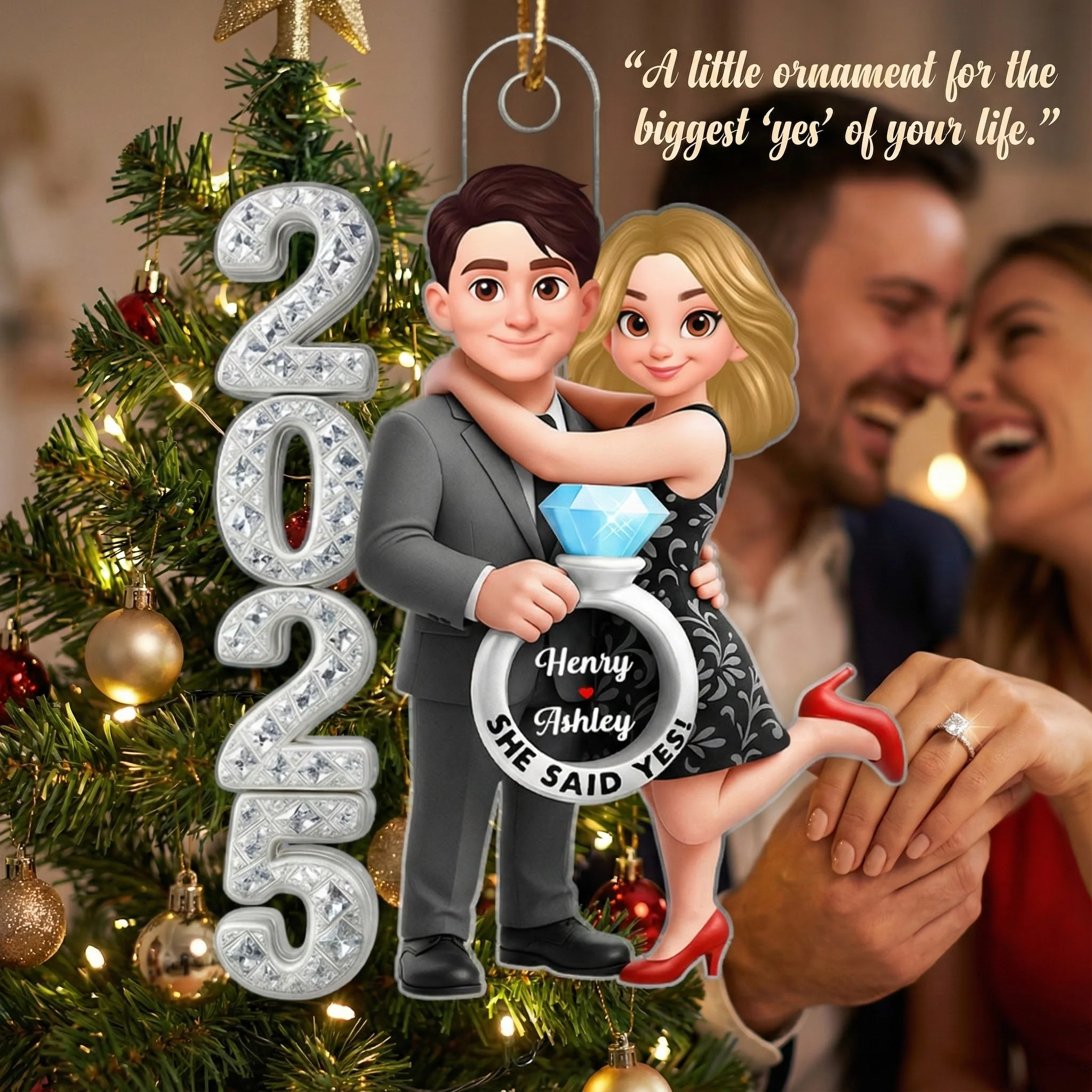 3D Crystal Effect Marriage Proposal Couple - Personalized Acrylic Ornament - Newly Engaged Gift, "She Said Yes!" Ornament - Image 3