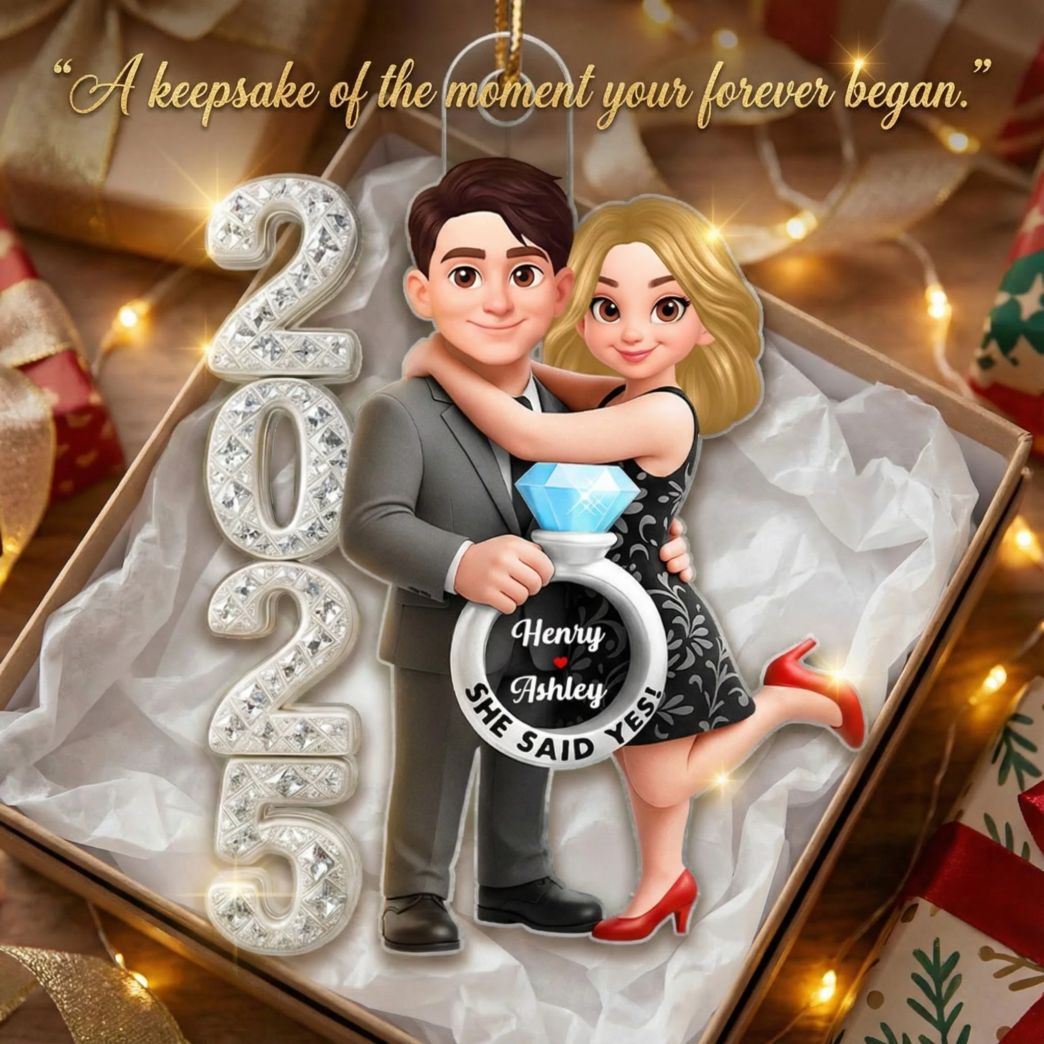 3D Crystal Effect Marriage Proposal Couple - Personalized Acrylic Ornament - Newly Engaged Gift, "She Said Yes!" Ornament - Image 5
