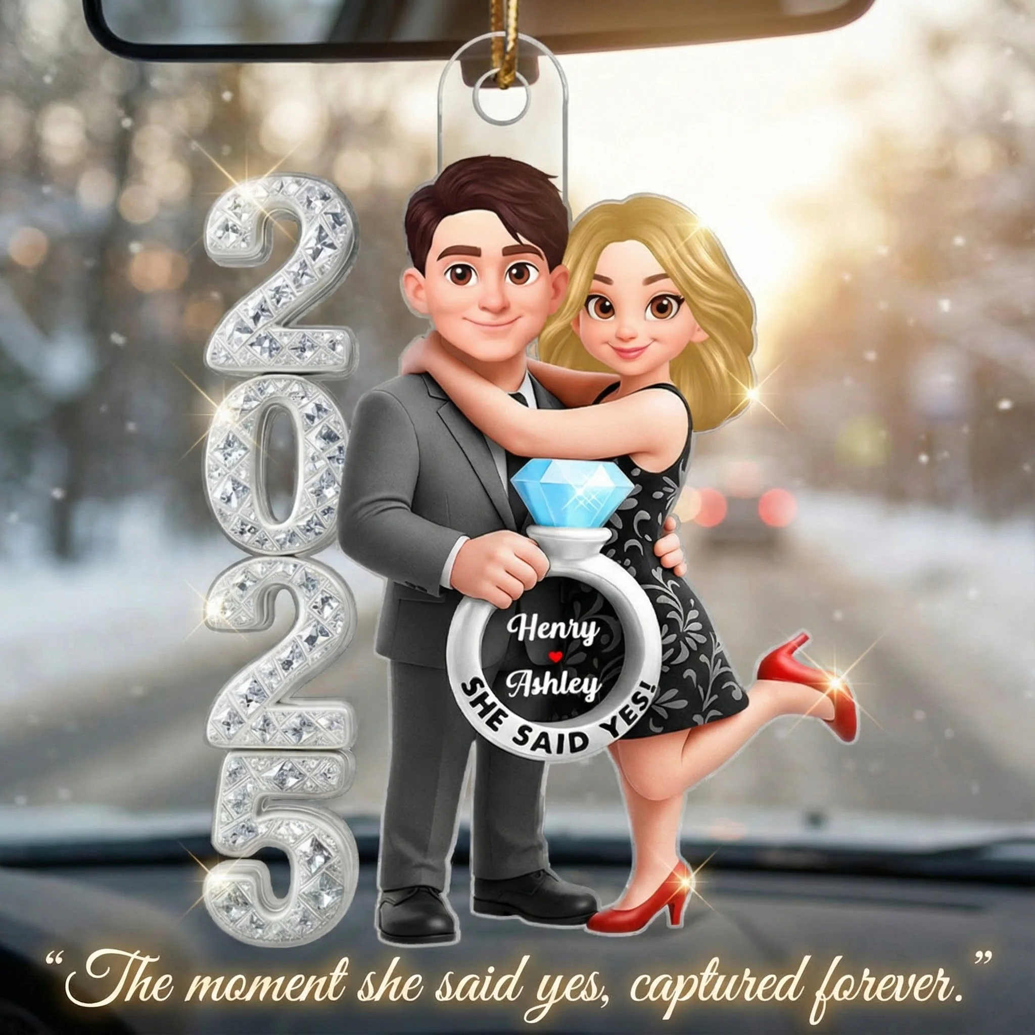 3D Crystal Effect Marriage Proposal Couple - Personalized Acrylic Ornament - Newly Engaged Gift, "She Said Yes!" Ornament - Image 6