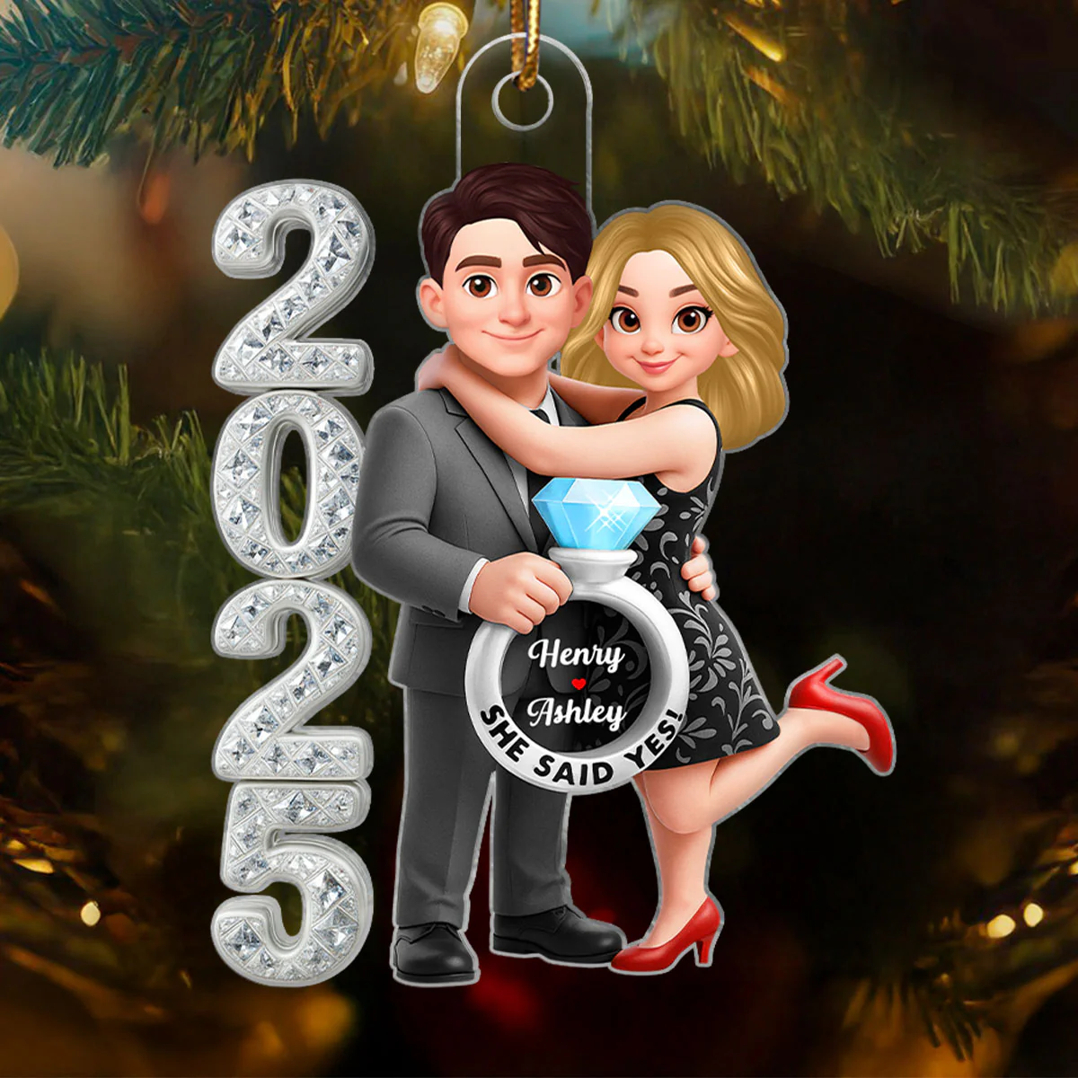 3D Crystal Effect Marriage Proposal Couple - Personalized Acrylic Ornament - Newly Engaged Gift, "She Said Yes!" Ornament - Image 8