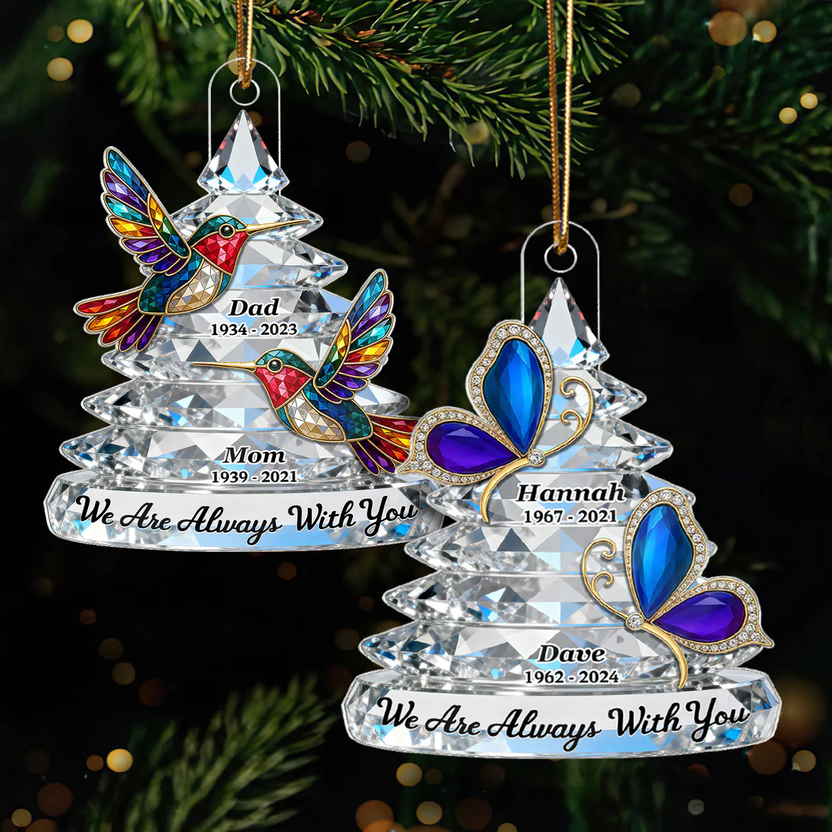 3D Effect Flat Memorial Christmas Tree Colorful Hummingbird - Personalized Acrylic Ornament - Remembrance Gift, Sympathy Gift - Image 3
