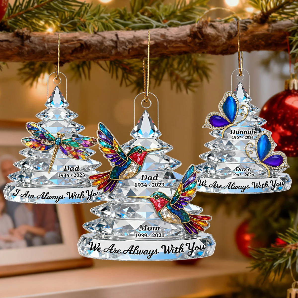 3D Effect Flat Memorial Christmas Tree Colorful Hummingbird - Personalized Acrylic Ornament - Remembrance Gift, Sympathy Gift - Image 7