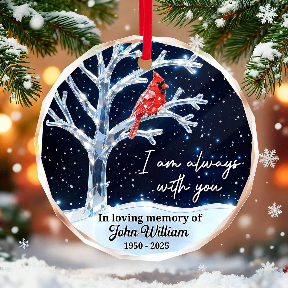 3D Crystal Effect Memorial Winter Tree Cardinals - Personalized Glass Ornament - Remembrance Gift, Sympathy Gift