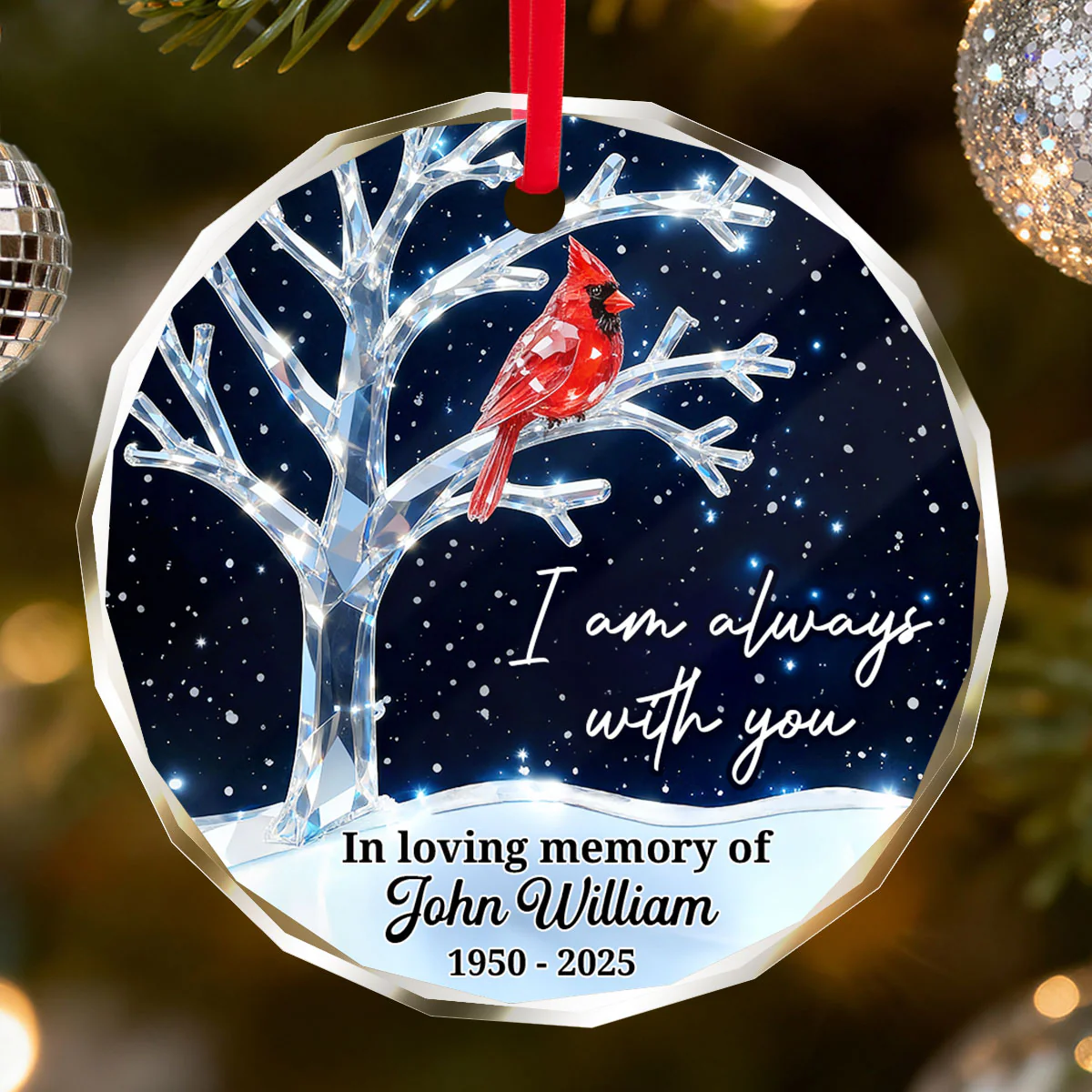 3D Crystal Effect Memorial Winter Tree Cardinals - Personalized Glass Ornament - Remembrance Gift, Sympathy Gift - Image 2