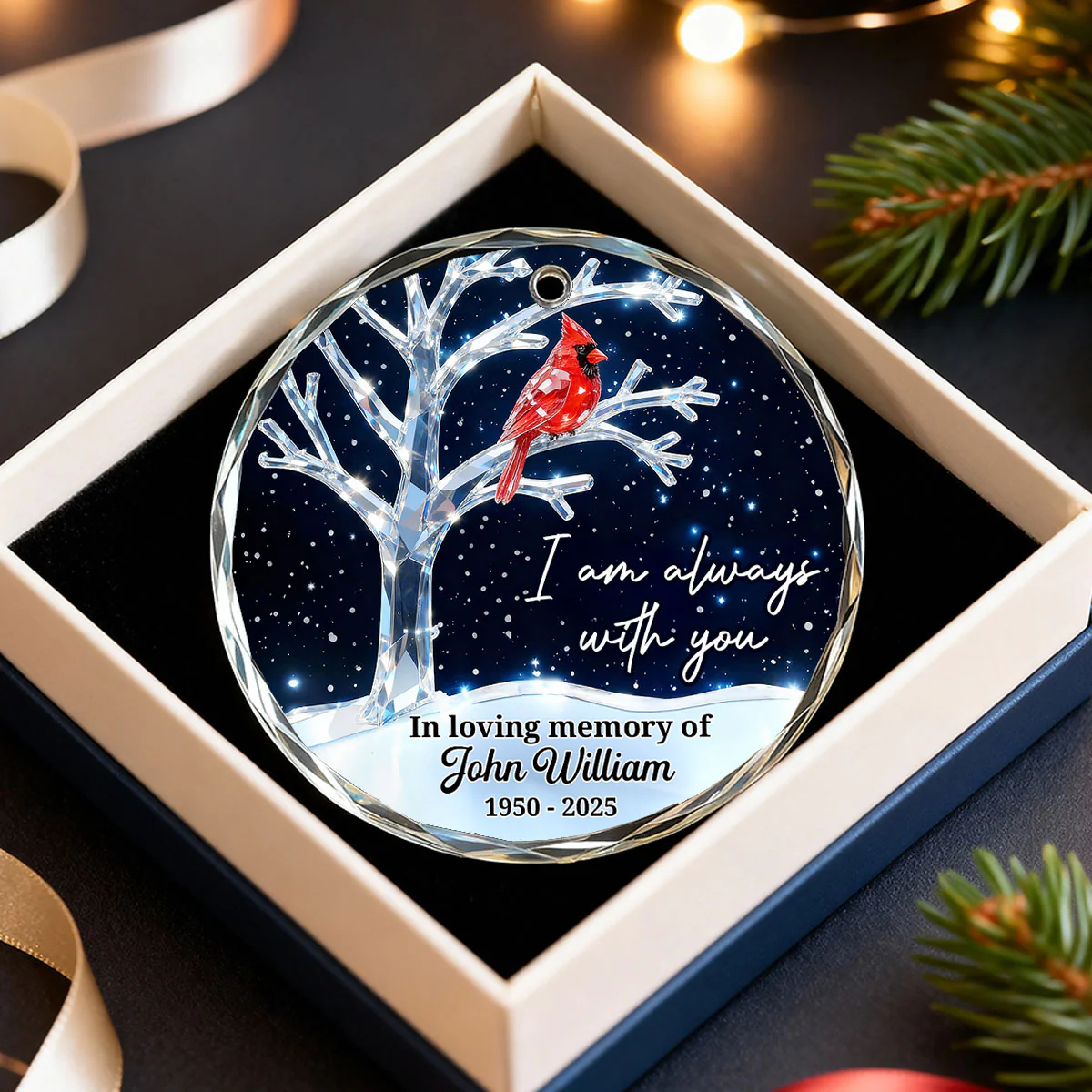 3D Crystal Effect Memorial Winter Tree Cardinals - Personalized Glass Ornament - Remembrance Gift, Sympathy Gift - Image 4