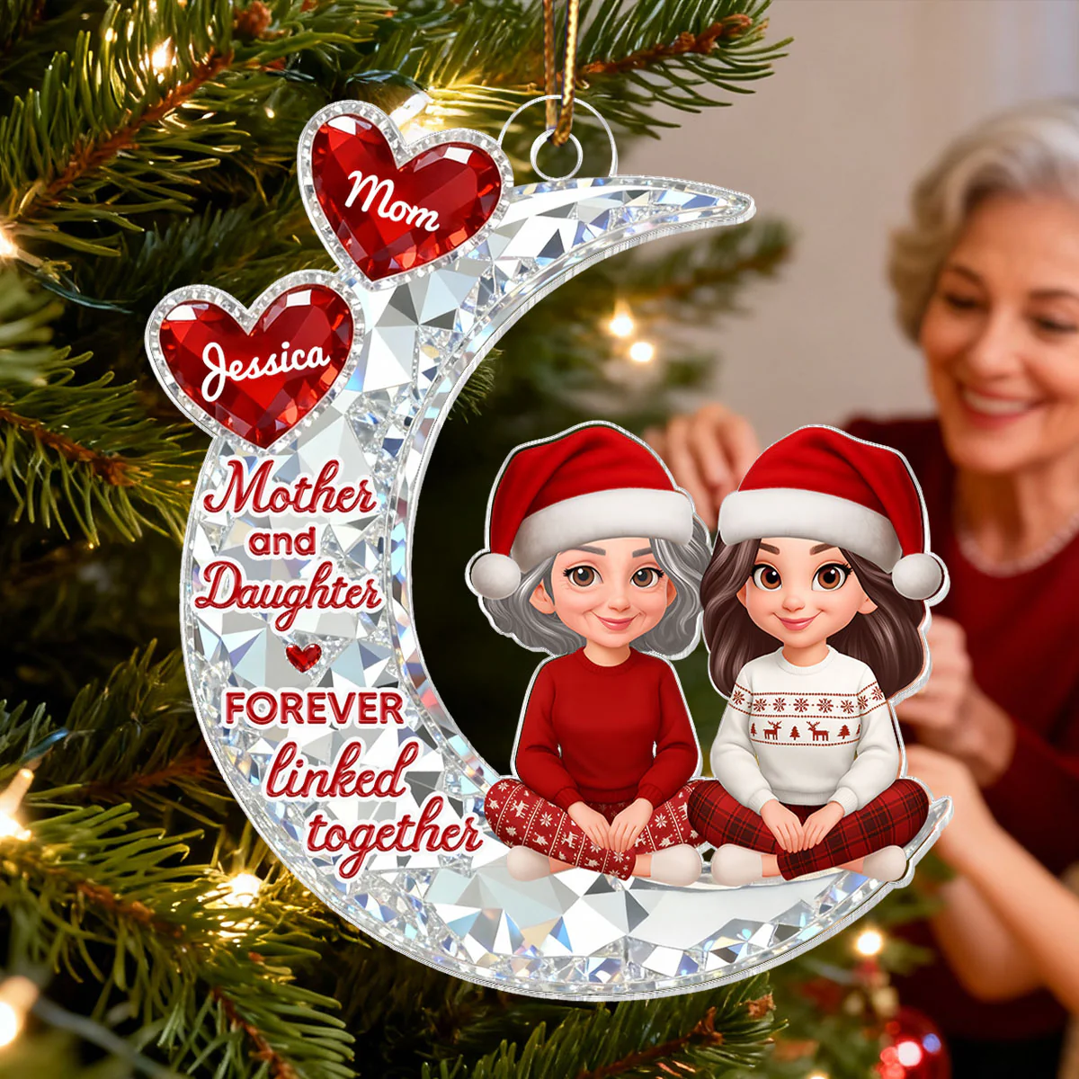 3D Effect Flat Mom And Daughter Son Sitting On Moon - Personalized Acrylic Ornament - Gift For Mom, Daughter, Son - Image 2