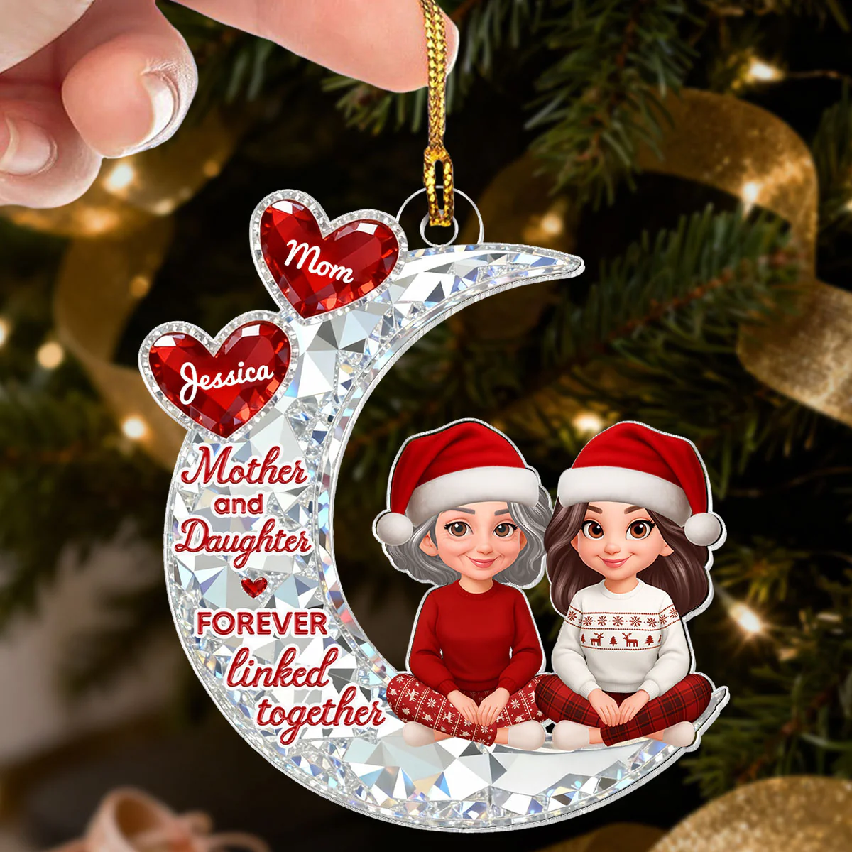 3D Effect Flat Mom And Daughter Son Sitting On Moon - Personalized Acrylic Ornament - Gift For Mom, Daughter, Son - Image 5