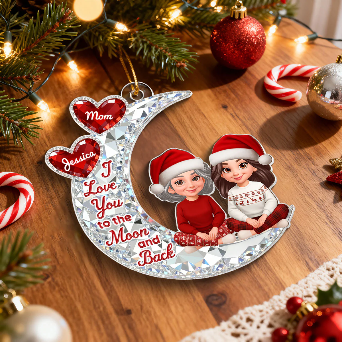 3D Effect Flat Mom And Daughter Son Sitting On Moon - Personalized Acrylic Ornament - Gift For Mom, Daughter, Son - Image 6