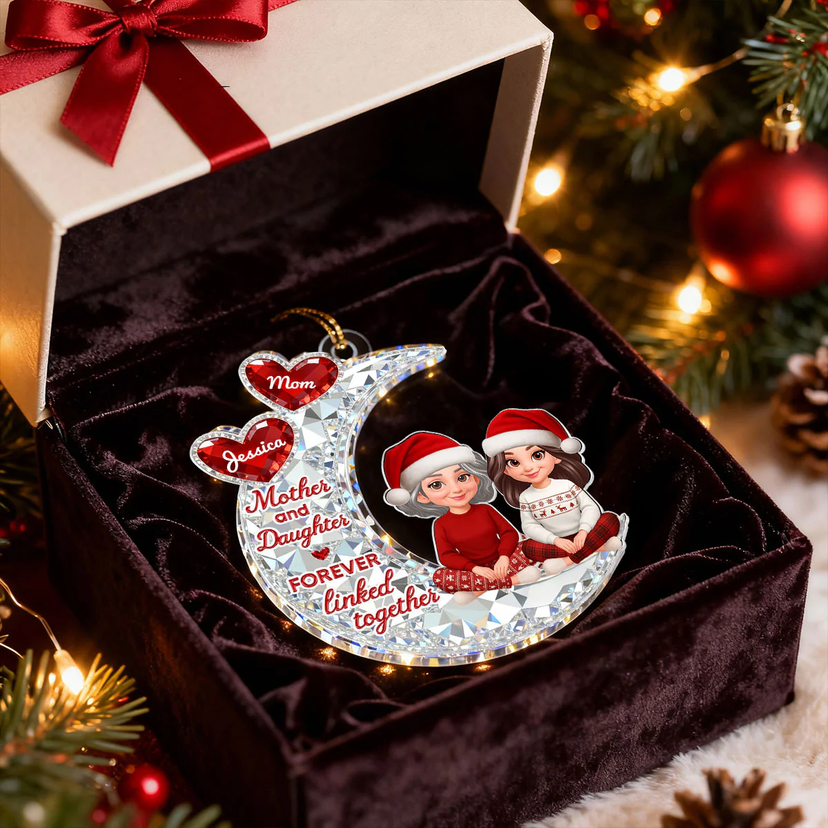 3D Effect Flat Mom And Daughter Son Sitting On Moon - Personalized Acrylic Ornament - Gift For Mom, Daughter, Son - Image 8