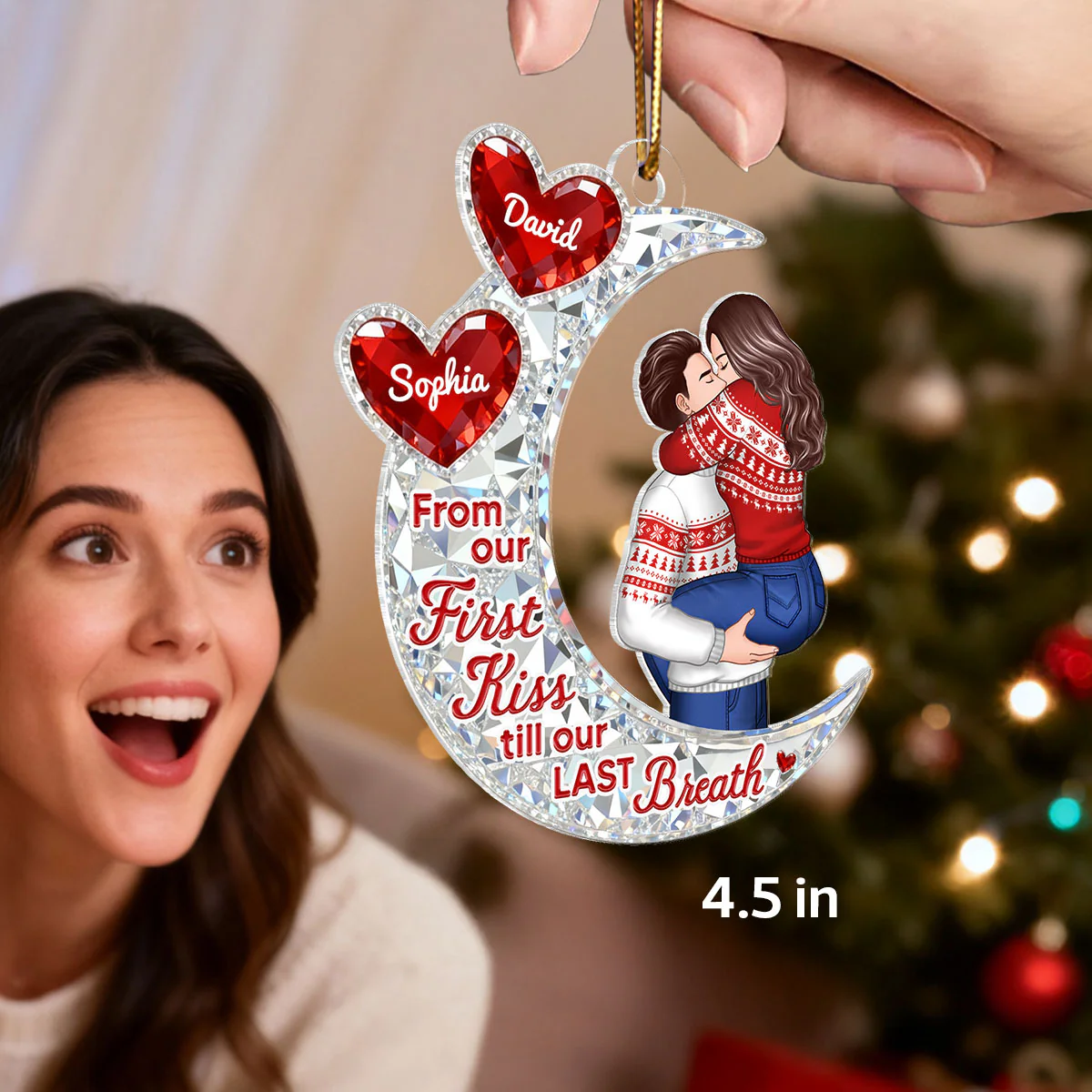 3D Effect Flat Moon Couple Hugging Kissing - Personalized Acrylic Ornament - Gift For Couple, Gift For Him, For Her - Image 2