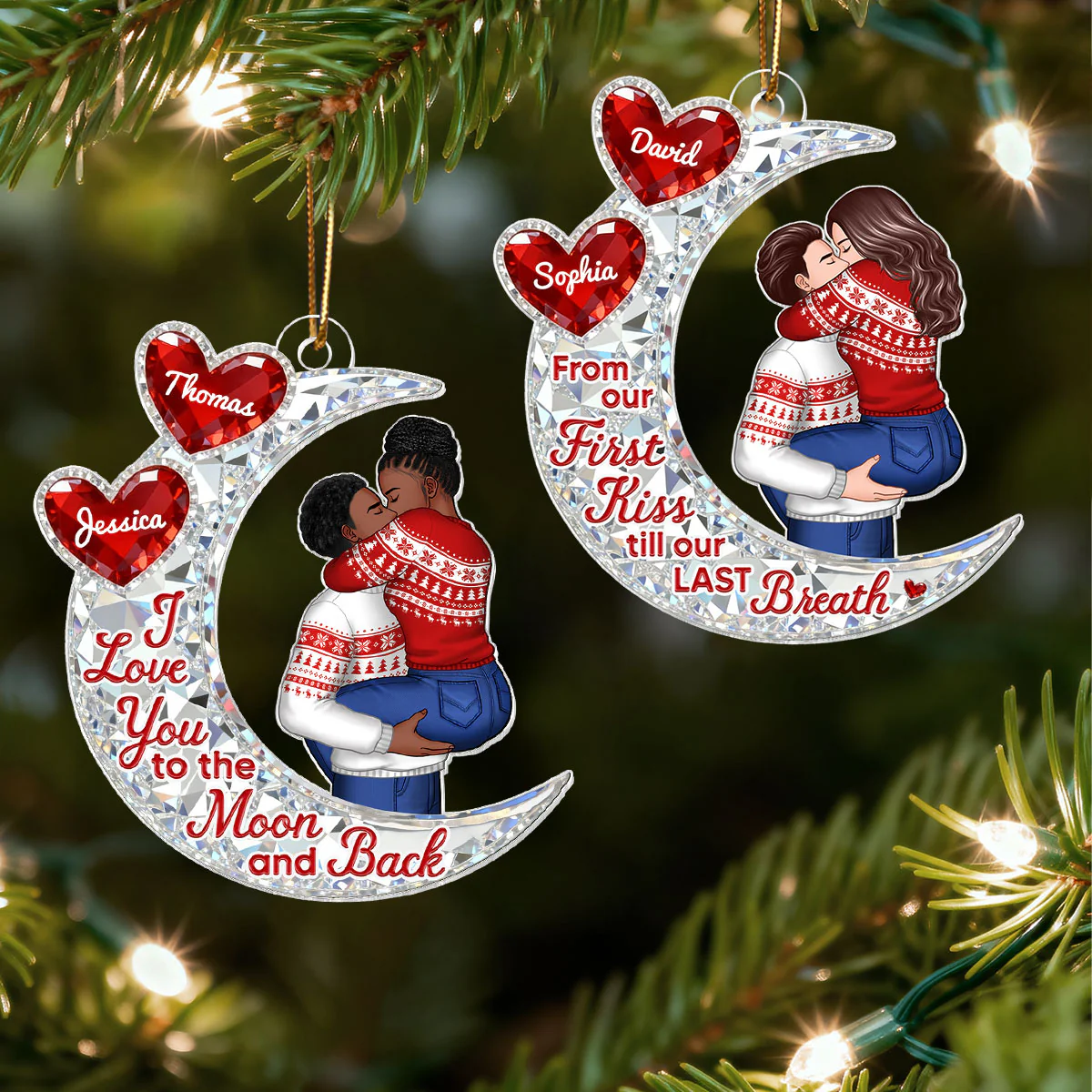 3D Effect Flat Moon Couple Hugging Kissing - Personalized Acrylic Ornament - Gift For Couple, Gift For Him, For Her - Image 3