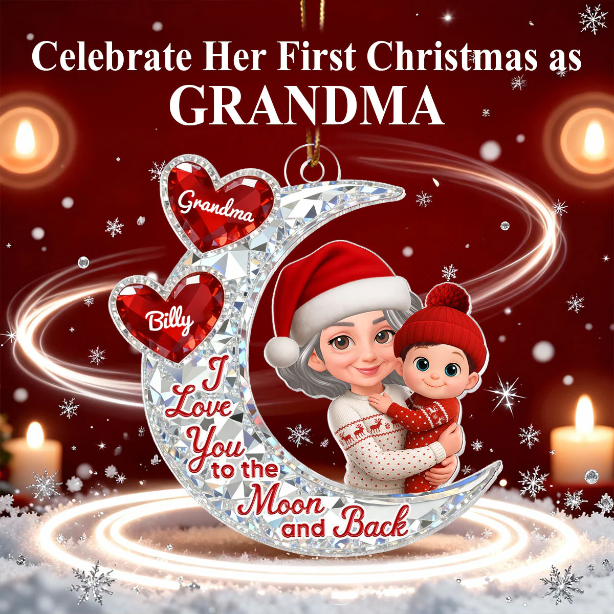 3D Effect Flat Moon Grandma Grandkid Love You To The Moon And Back - Personalized Acrylic Ornament - Christmas Gift For All Grandkids - Image 15