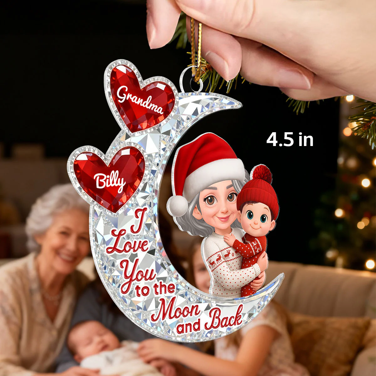 3D Effect Flat Moon Grandma Grandkid Love You To The Moon And Back - Personalized Acrylic Ornament - Christmas Gift For All Grandkids - Image 2