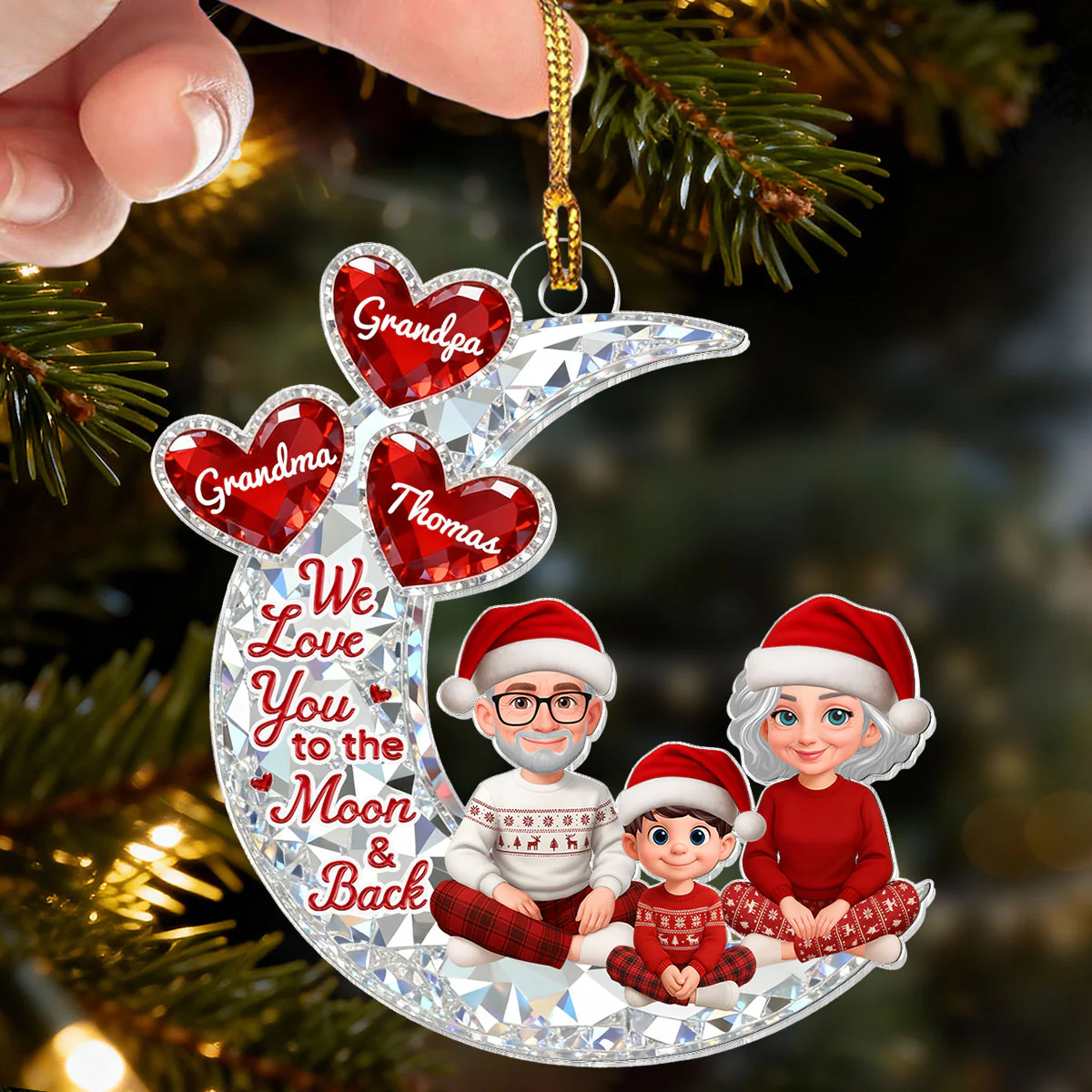 3D Effect Flat Moon Grandpa Grandma Grandkid Love You To The Moon And Back - Personalized Acrylic Ornament - Christmas Gift For All Grandkids - Image 6