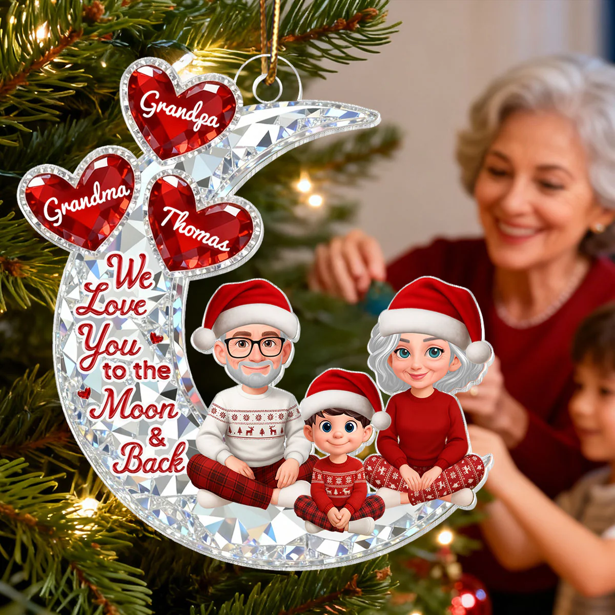 3D Effect Flat Moon Grandpa Grandma Grandkid Love You To The Moon And Back - Personalized Acrylic Ornament - Christmas Gift For All Grandkids - Image 9
