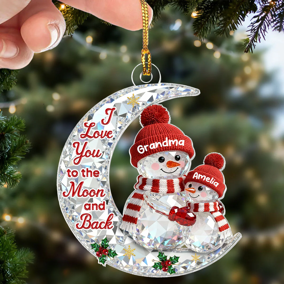 3D Effect Flat Snowman Grandma And Grandkid On Moon - Personalized Acrylic Ornament - Gift For Grandma, Grandkids - Image 11
