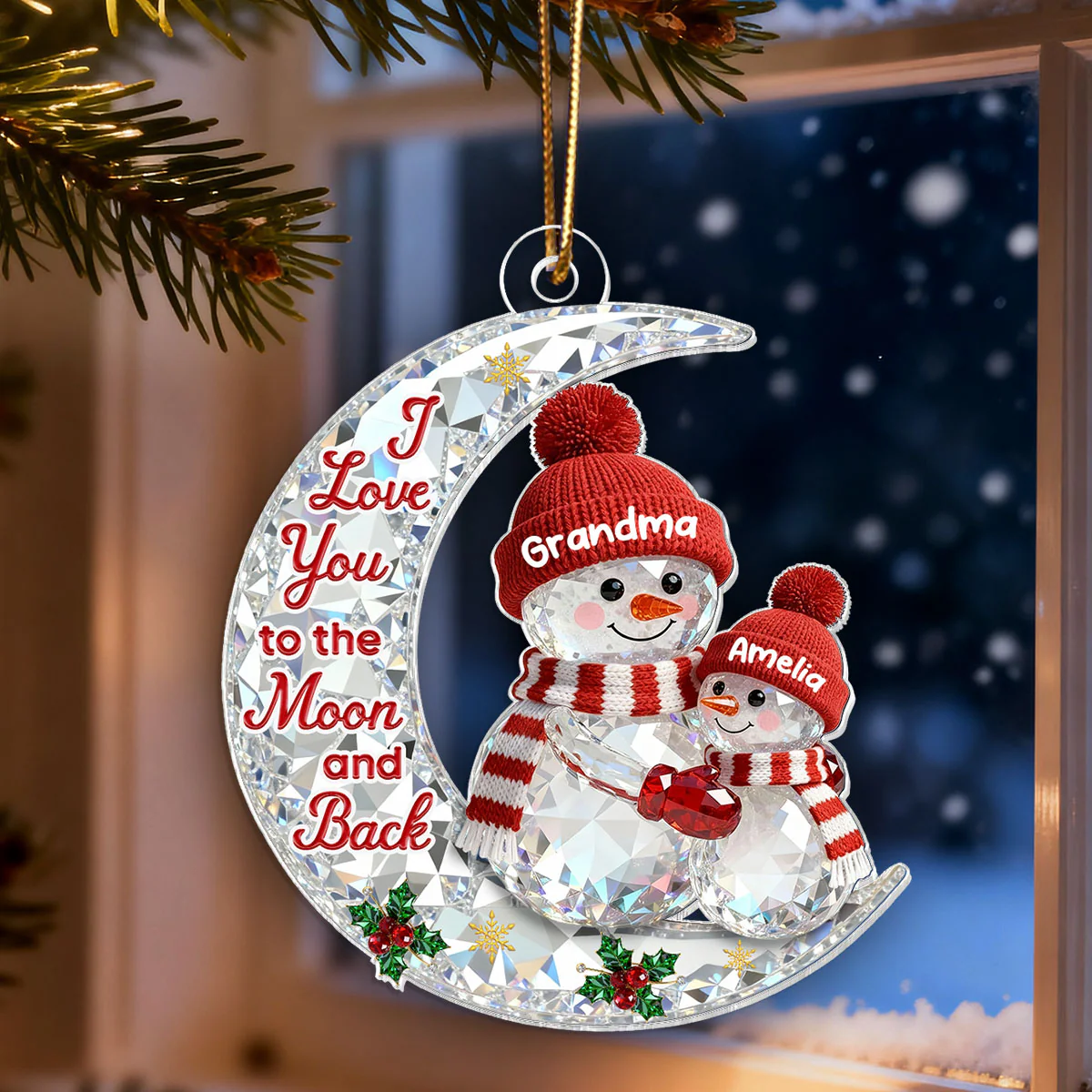 3D Effect Flat Snowman Grandma And Grandkid On Moon - Personalized Acrylic Ornament - Gift For Grandma, Grandkids - Image 3