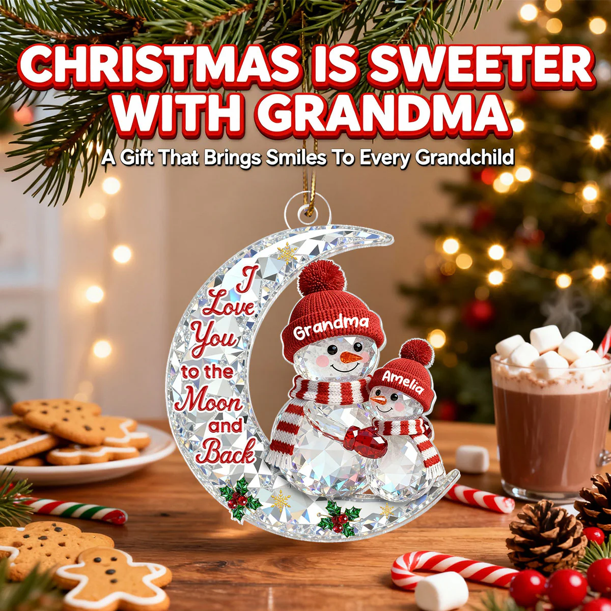 3D Effect Flat Snowman Grandma And Grandkid On Moon - Personalized Acrylic Ornament - Gift For Grandma, Grandkids - Image 9