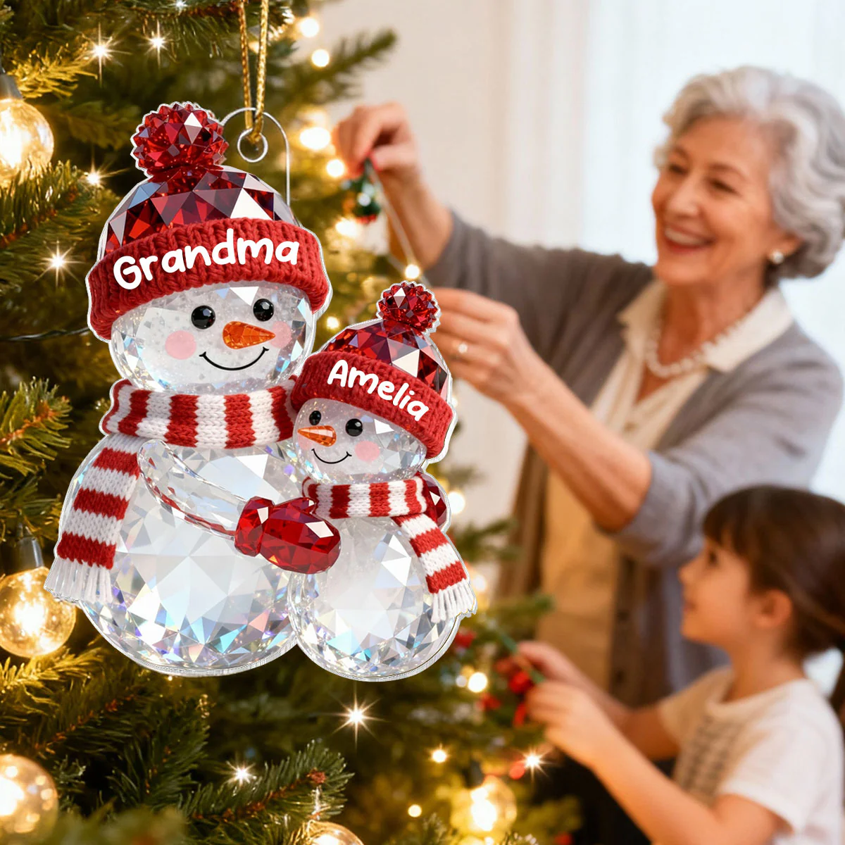 3D Effect Flat Snowman Grandma Hugging Grandkid Christmas - Personalized Acrylic Ornament - Gift For Grandkids - Image 6