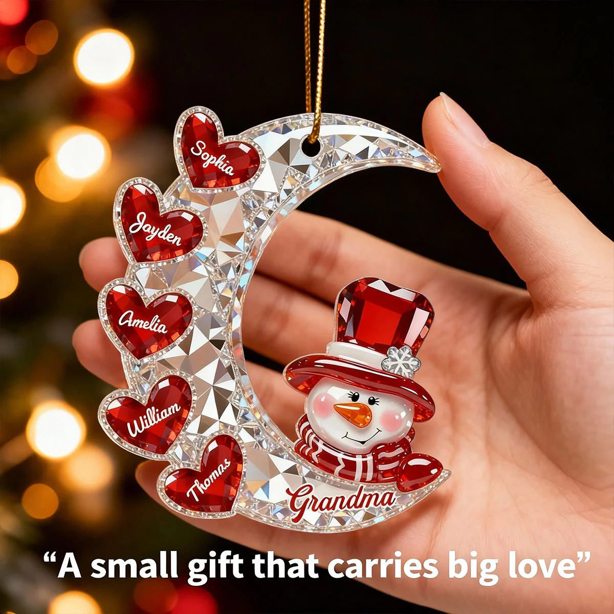 3D Effect Flat Snowman Grandma On Moon Grandkids Hearts Names - Personalized Acrylic Ornament - Gift For Grandma, Grandkids - Image 10