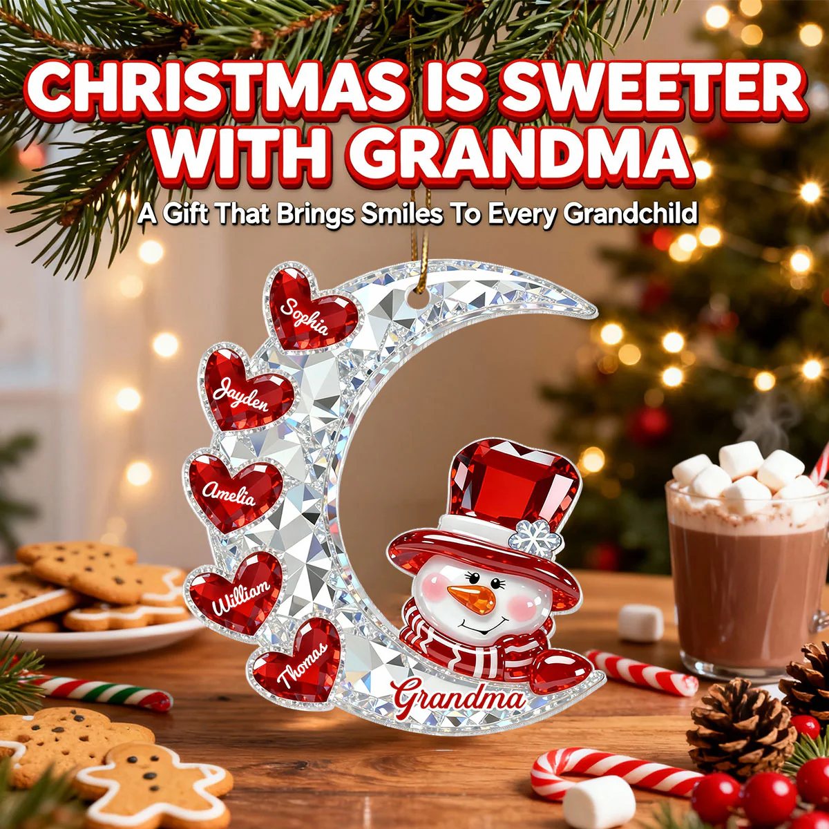 3D Effect Flat Snowman Grandma On Moon Grandkids Hearts Names - Personalized Acrylic Ornament - Gift For Grandma, Grandkids - Image 11