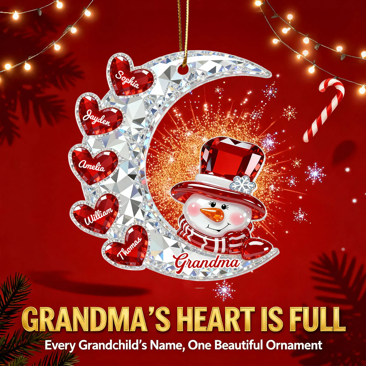 3D Effect Flat Snowman Grandma On Moon Grandkids Hearts Names - Personalized Acrylic Ornament - Gift For Grandma, Grandkids - Image 12