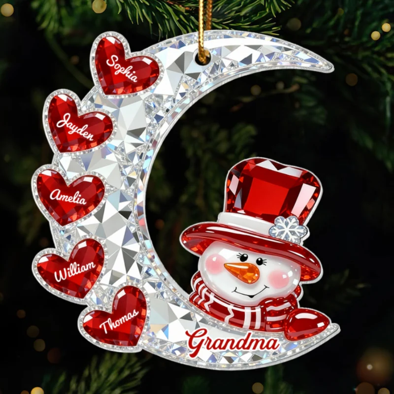 3D Effect Flat Snowman Grandma On Moon Grandkids Hearts Names - Personalized Acrylic Ornament - Gift For Grandma, Grandkids - Image 13
