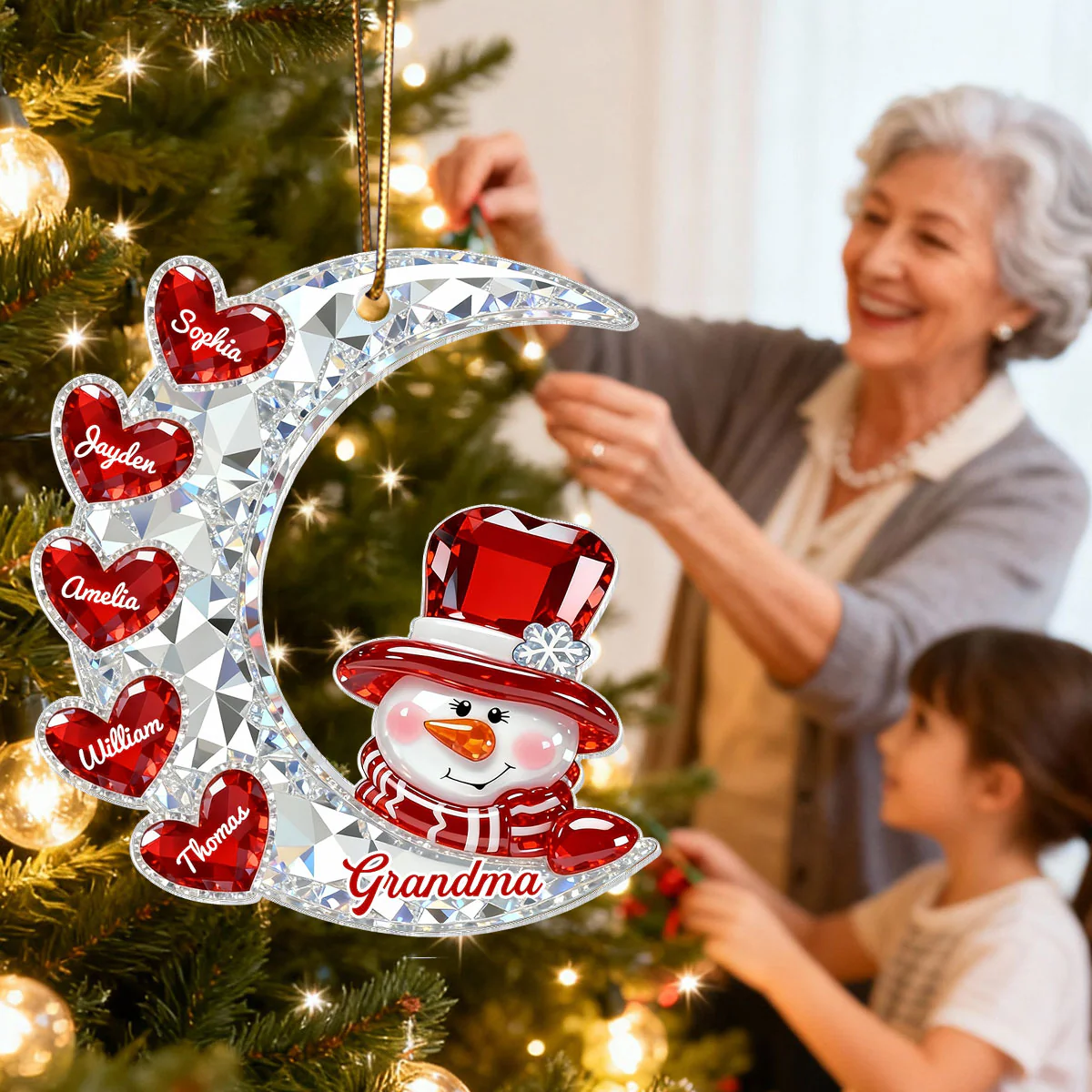 3D Effect Flat Snowman Grandma On Moon Grandkids Hearts Names - Personalized Acrylic Ornament - Gift For Grandma, Grandkids - Image 3