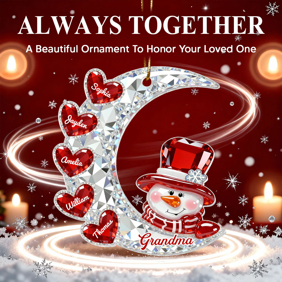 3D Effect Flat Snowman Grandma On Moon Grandkids Hearts Names - Personalized Acrylic Ornament - Gift For Grandma, Grandkids - Image 4