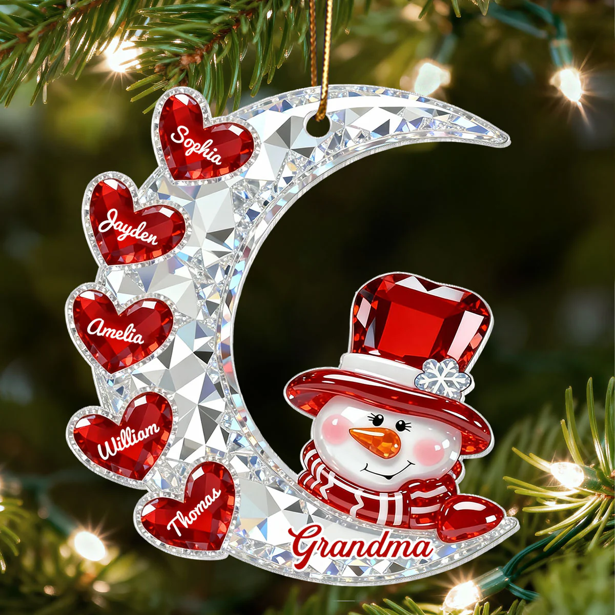 3D Effect Flat Snowman Grandma On Moon Grandkids Hearts Names - Personalized Acrylic Ornament - Gift For Grandma, Grandkids - Image 6
