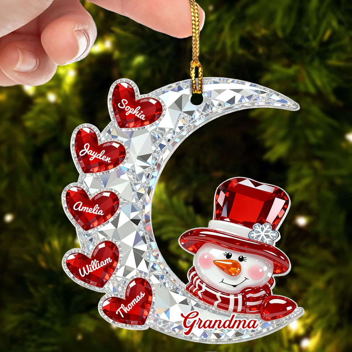 3D Effect Flat Snowman Grandma On Moon Grandkids Hearts Names - Personalized Acrylic Ornament - Gift For Grandma, Grandkids - Image 7