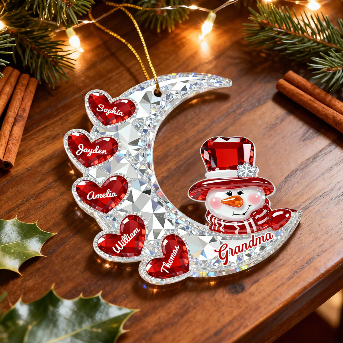 3D Effect Flat Snowman Grandma On Moon Grandkids Hearts Names - Personalized Acrylic Ornament - Gift For Grandma, Grandkids - Image 8