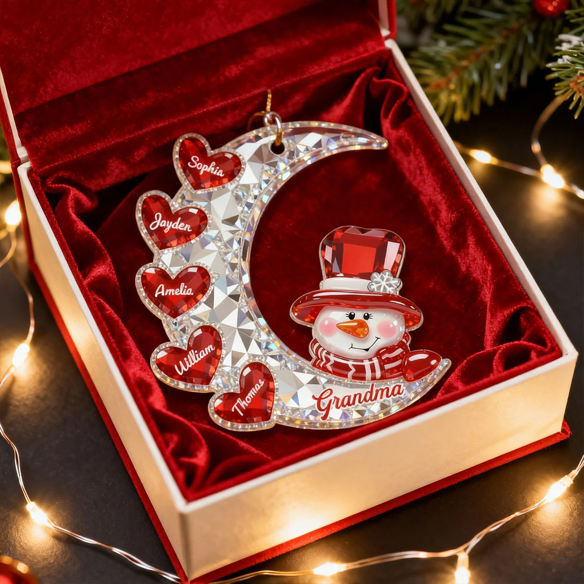 3D Effect Flat Snowman Grandma On Moon Grandkids Hearts Names - Personalized Acrylic Ornament - Gift For Grandma, Grandkids - Image 9