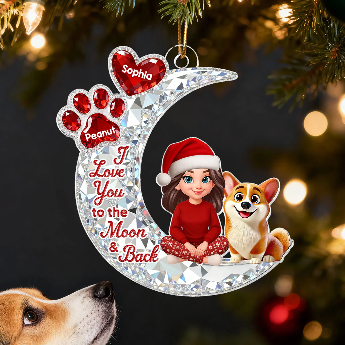 3D Effect Flat Woman And Dog Cat On Moon - Personalized Acrylic Ornament - Christmas Gift For Dog, Cat Lovers - Image 10