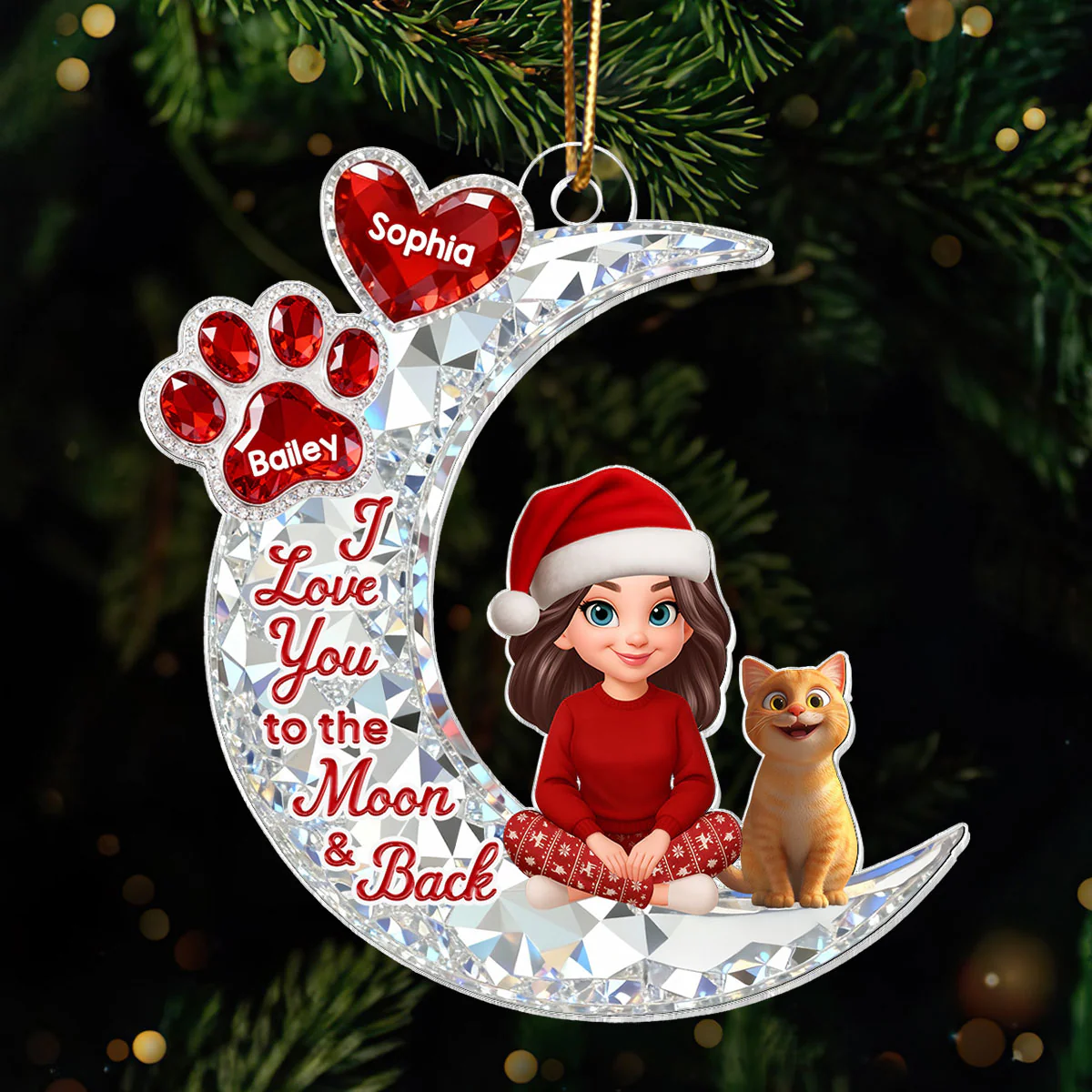3D Effect Flat Woman And Dog Cat On Moon - Personalized Acrylic Ornament - Christmas Gift For Dog, Cat Lovers - Image 11