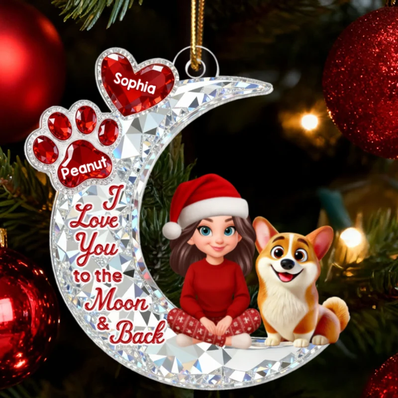 3D Effect Flat Woman And Dog Cat On Moon - Personalized Acrylic Ornament - Christmas Gift For Dog, Cat Lovers - Image 12