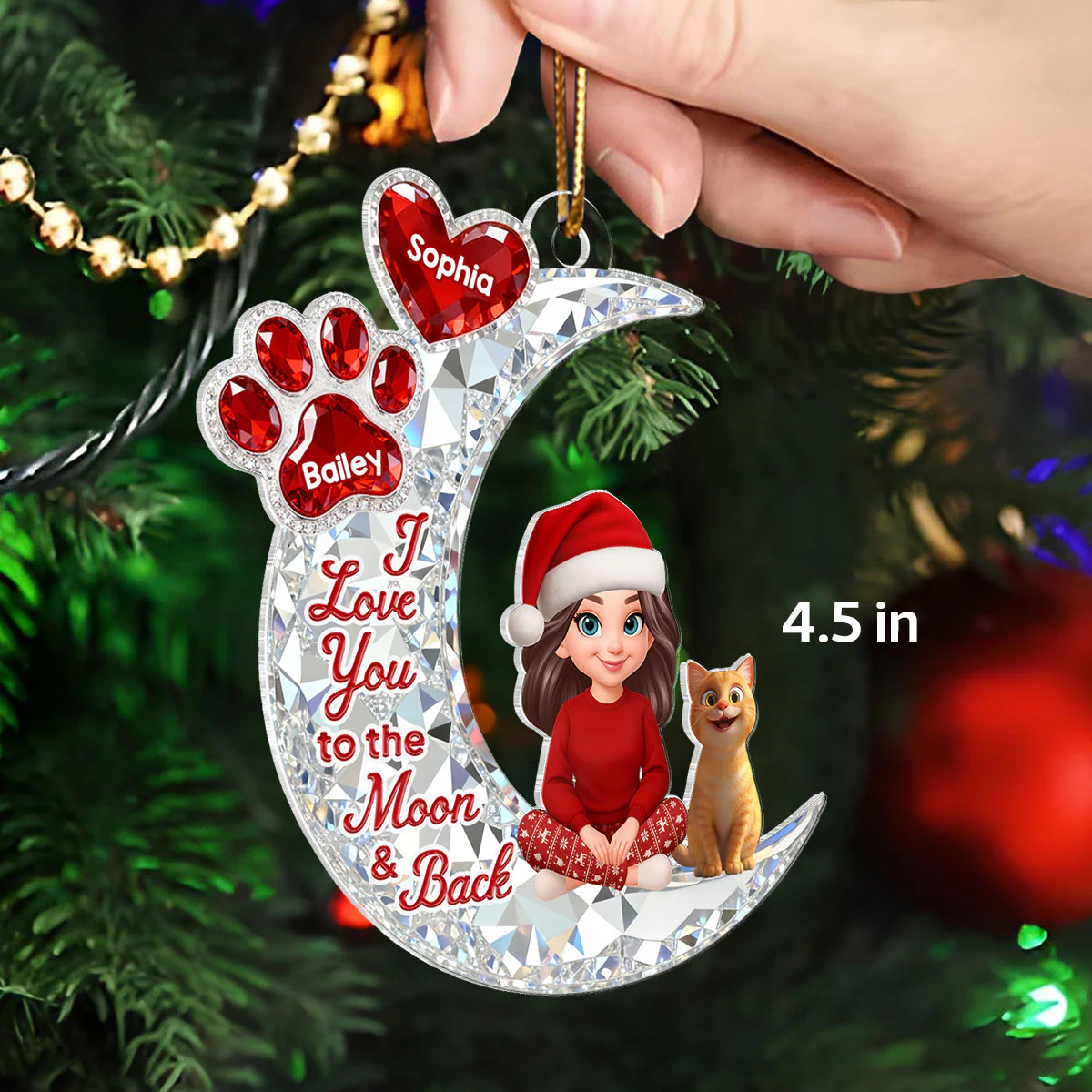 3D Effect Flat Woman And Dog Cat On Moon - Personalized Acrylic Ornament - Christmas Gift For Dog, Cat Lovers - Image 2