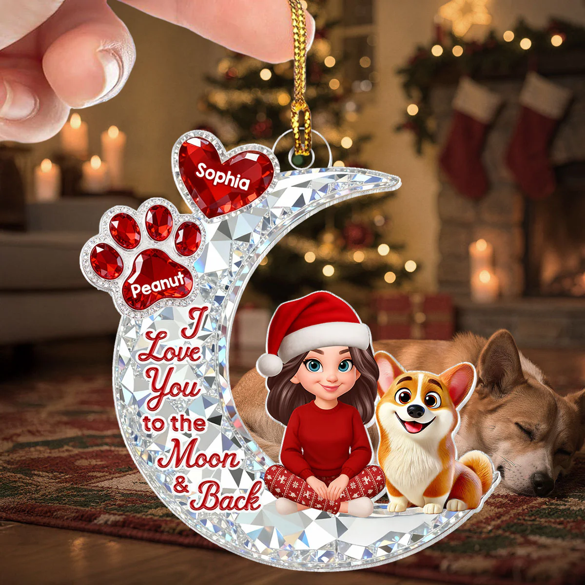 3D Effect Flat Woman And Dog Cat On Moon - Personalized Acrylic Ornament - Christmas Gift For Dog, Cat Lovers - Image 5