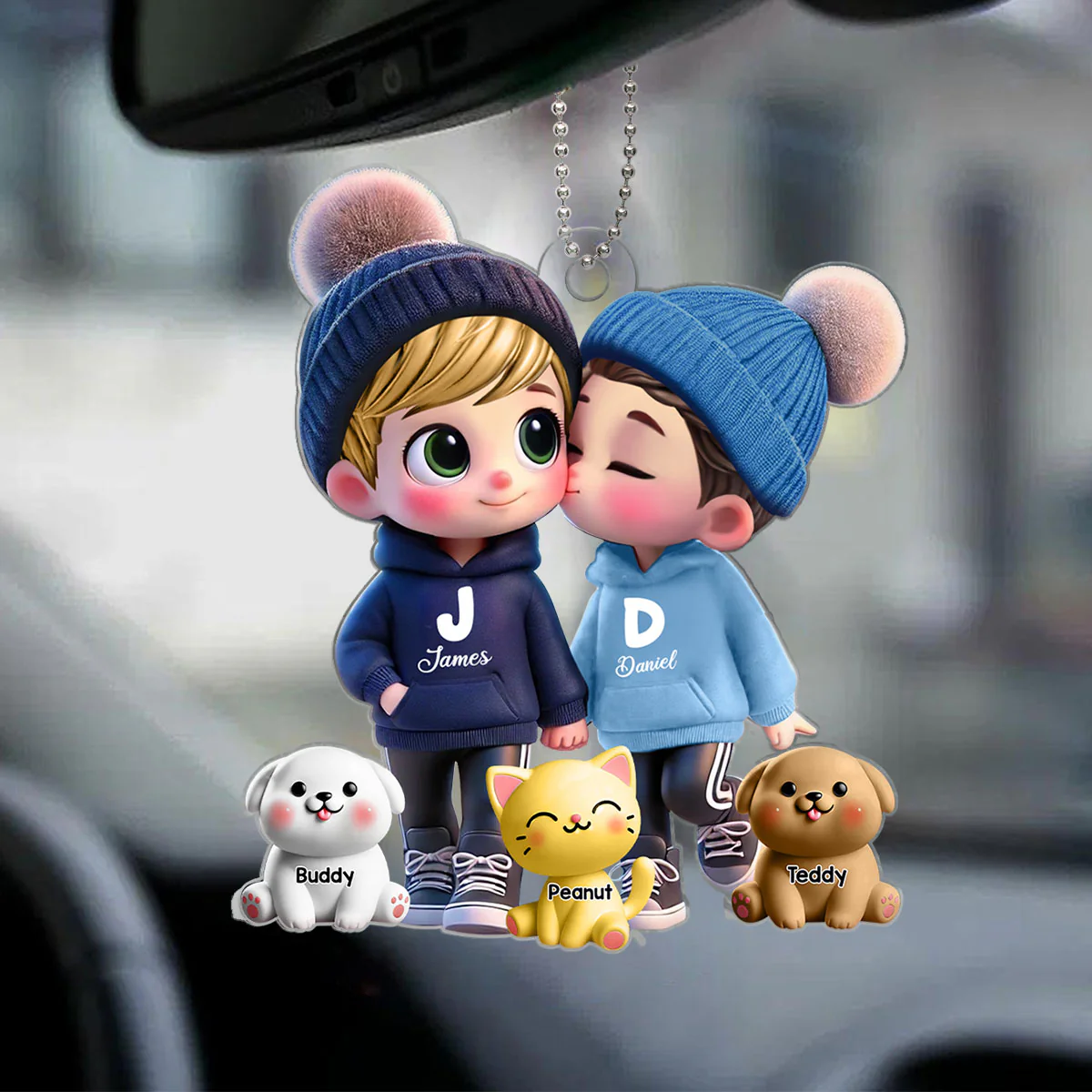 3D Effect Cute Cartoon Couple You Me And The Dog Cat Personalized Acrylic Car Hanger, Gift for Him, Gift for Her - Image 2
