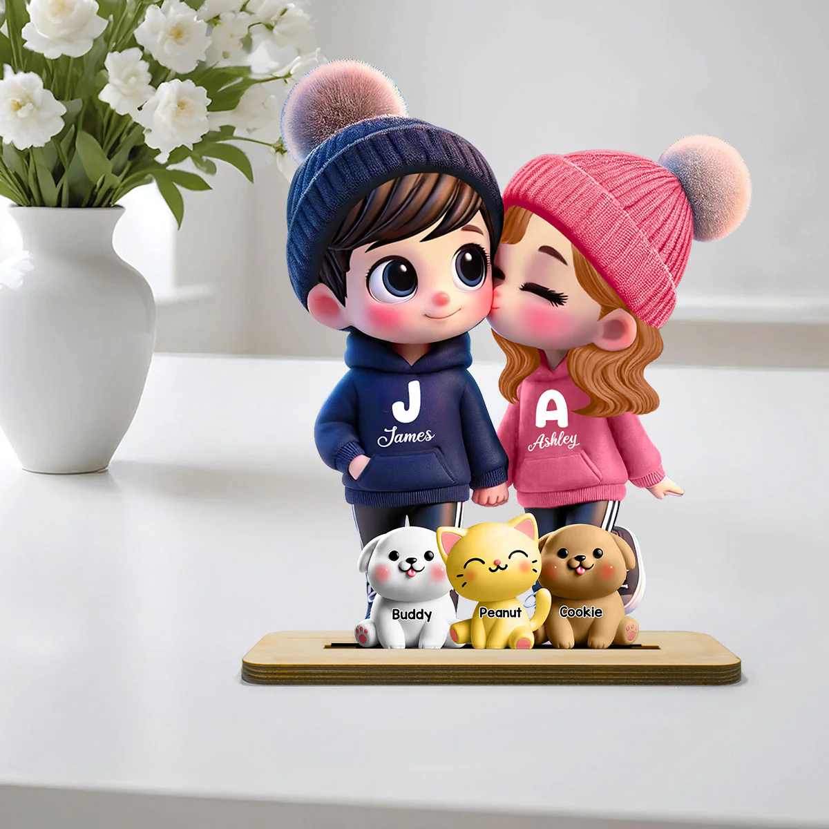 3D Effect Cute Cartoon Couple You Me And The Dog Cat Personalized Standing Wooden Plaque, Gift for Him, Gift for Her - Image 6